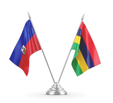 Mauritius ve Haiti masa bayrakları beyaz 3D görüntüleme üzerinde izole edildi