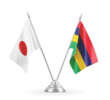 Mauritius ve Japonya masa bayrakları beyaz 3D görüntüleme üzerinde izole edildi