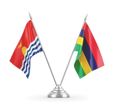 Mauritius ve Kiribati masa bayrakları beyaz 3D görüntüleme üzerinde izole edildi