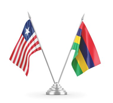 Mauritius ve Liberya masa bayrakları beyaz 3D görüntüleme üzerinde izole edildi