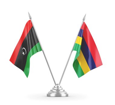 Mauritius ve Libya masa bayrakları beyaz 3D görüntüleme üzerinde izole edildi