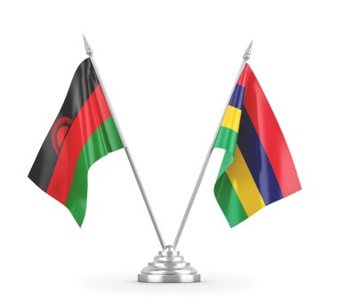 Mauritius ve Malawi masa bayrakları beyaz 3D görüntüleme üzerinde izole edildi