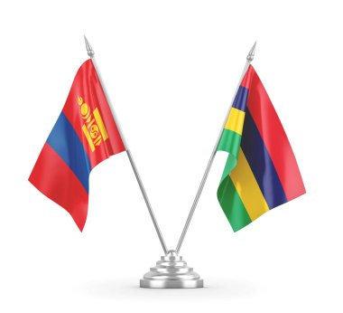 Mauritius ve Moğolistan masa bayrakları beyaz 3D görüntüleme üzerinde izole edildi