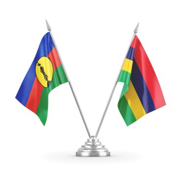 Mauritius ve Yeni Kaledonya masa bayrakları beyaz 3D görüntüleme üzerinde izole edildi