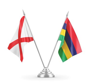 Mauritius ve Kuzey İrlanda masa bayrakları beyaz 3D görüntüleme üzerinde izole