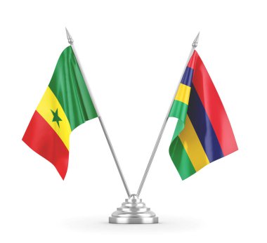 Mauritius ve Senegal masa bayrakları beyaz 3D görüntüleme üzerinde izole edildi