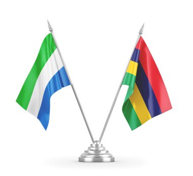 Mauritius ve Sierra Leone masa bayrakları beyaz 3D görüntüleme üzerinde izole edildi