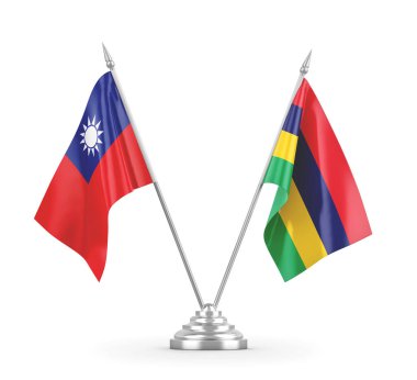 Mauritius ve Tayvan masa bayrakları beyaz 3D görüntüleme üzerinde izole edildi