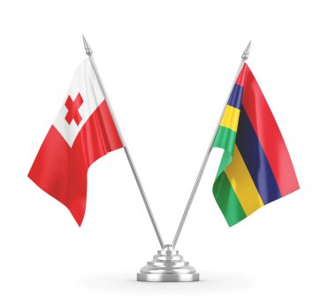 Mauritius ve Tonga masa bayrakları beyaz 3D görüntüleme üzerinde izole edildi