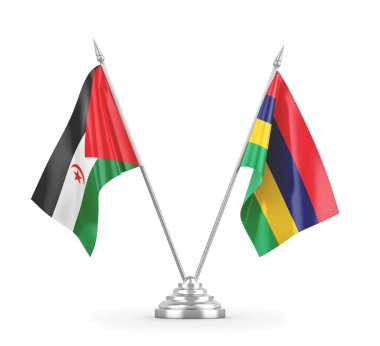 Mauritius ve Batı Sahra masa bayrakları beyaz 3D görüntüleme üzerinde izole edildi
