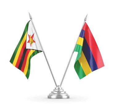 Mauritius ve Zimbabwe masa bayrakları beyaz 3D görüntüleme üzerinde izole
