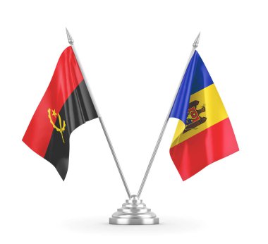 Moldova ve Angola masa bayrakları beyaz 3D görüntüleme üzerinde izole edildi