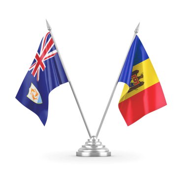 Moldova ve Anguilla masa bayrakları beyaz 3D görüntüleme üzerinde izole edildi