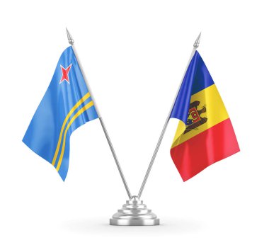 Moldova ve Aruba masa bayrakları beyaz 3D görüntüleme üzerinde izole edildi