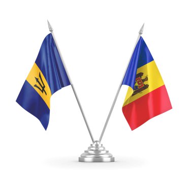 Moldova ve Barbados masa bayrakları beyaz 3D görüntüleme üzerinde izole edildi