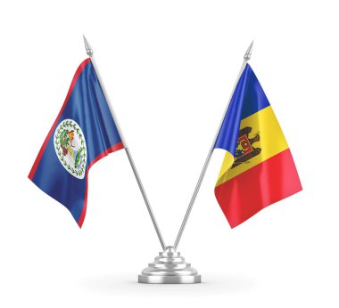 Moldova ve Belize masa bayrakları beyaz 3D görüntüleme üzerinde izole edildi