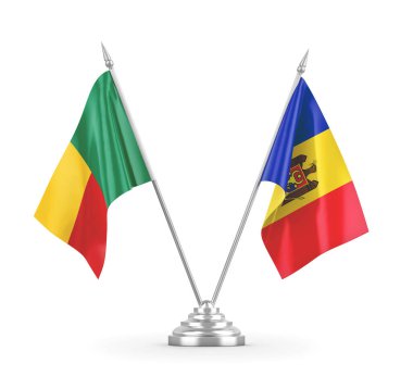 Moldova ve Benin masa bayrakları beyaz 3D görüntüleme üzerinde izole edildi
