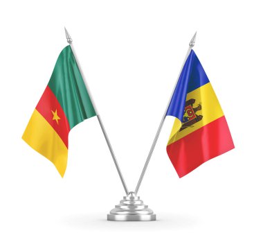 Moldova ve Kamerun masa bayrakları beyaz 3D görüntüleme üzerinde izole edildi