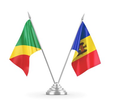 Moldova ve Kongo masa bayrakları beyaz 3D görüntüleme üzerinde izole edildi