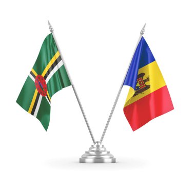 Moldova ve Dominika masa bayrakları beyaz 3D görüntüleme üzerinde izole edildi