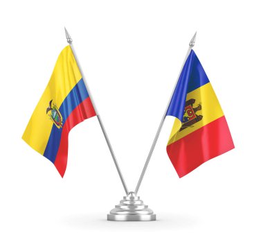 Moldova ve Ekvador masa bayrakları beyaz 3D görüntüleme üzerinde izole edildi