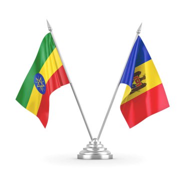 Moldova ve Etiyopya masa bayrakları beyaz 3D görüntüleme üzerinde izole edildi