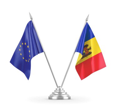 Moldova ve Avrupa Birliği bayrakları beyaz 3D görüntüleme üzerinde izole edildi