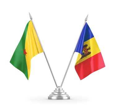 Moldova ve Fransız Guyanası masa bayrakları beyaz 3D görüntüleme üzerinde izole edildi