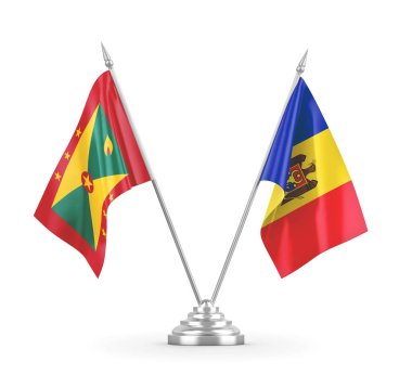 Moldova ve Grenada masa bayrakları beyaz 3D görüntüleme üzerinde izole edildi