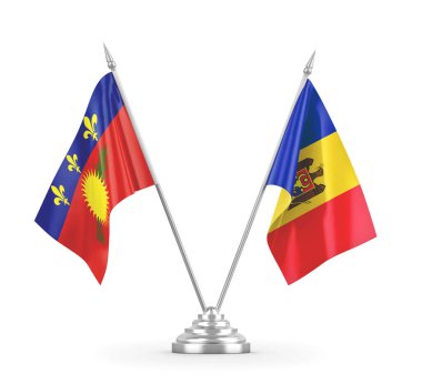 Moldova ve Guadeloupe masa bayrakları beyaz 3D görüntüleme üzerinde izole edildi
