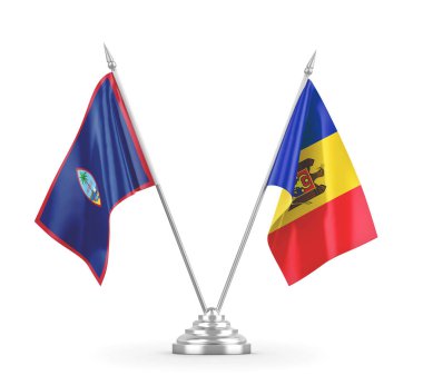 Moldova ve Guam masa bayrakları beyaz 3D görüntüleme üzerinde izole edildi