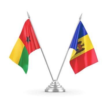 Moldova ve Gine-Bissau masa bayrakları beyaz 3D görüntüleme üzerinde izole edildi