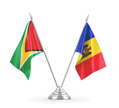 Moldova ve Guyana masa bayrakları beyaz 3D görüntüleme üzerinde izole edildi