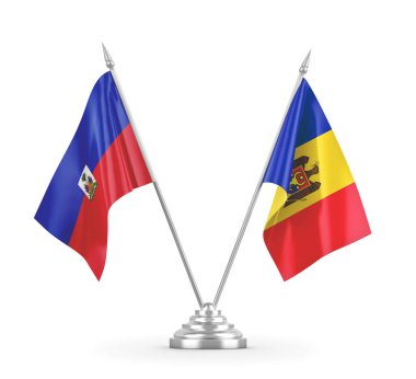Moldova ve Haiti masa bayrakları beyaz 3D görüntüleme üzerinde izole edildi