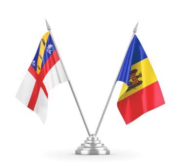 Moldova ve Herm masa bayrakları beyaz 3D görüntüleme üzerinde izole edildi