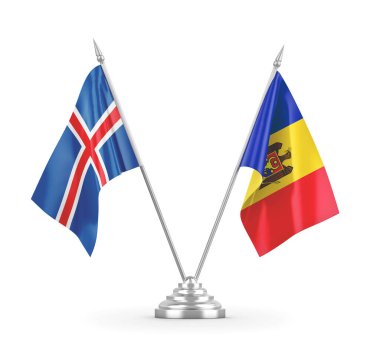 Moldova ve İzlanda masa bayrakları beyaz 3D görüntüleme üzerinde izole edildi