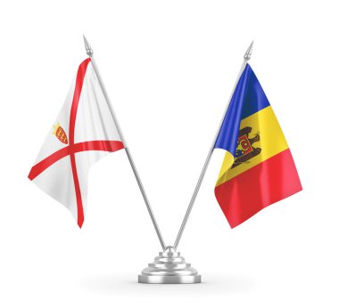 Moldova ve Jersey masa bayrakları beyaz 3D görüntüleme üzerinde izole edildi