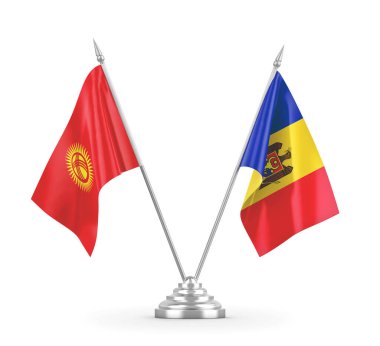 Moldova ve Kırgızistan masa bayrakları beyaz 3D görüntüleme üzerinde izole edildi