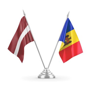 Moldova ve Letonya masa bayrakları beyaz 3D görüntüleme üzerinde izole edildi