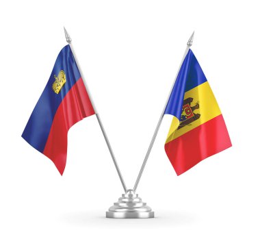 Moldova ve Lihtenştayn masa bayrakları beyaz 3D görüntüleme üzerinde izole edildi