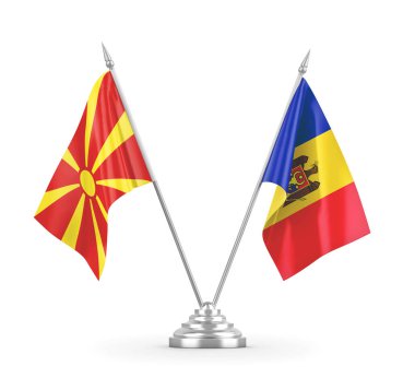 Moldova ve Kuzey Makedonya masa bayrakları beyaz 3D rendelemeye izole edildi