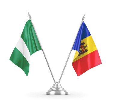 Moldova ve Nijerya masa bayrakları beyaz 3D görüntüleme üzerinde izole edildi