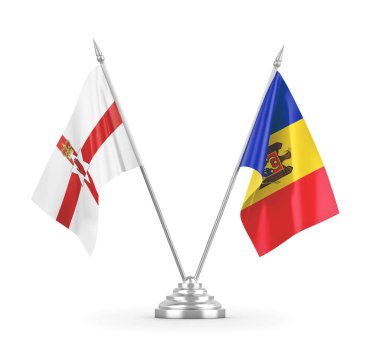Moldova ve Kuzey İrlanda masa bayrakları beyaz 3D görüntüleme üzerinde izole