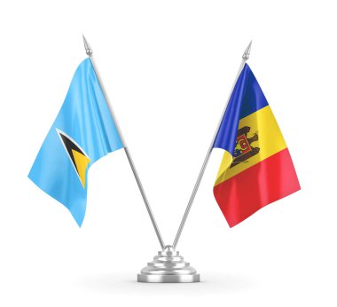 Moldova ve Saint Lucia masa bayrakları beyaz 3D görüntüleme üzerinde izole edildi