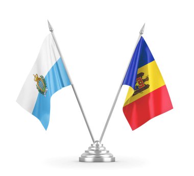 Moldova ve San Marino masa bayrakları beyaz 3D görüntüleme üzerinde izole edildi
