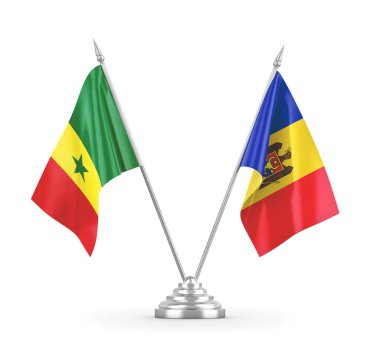 Moldova ve Senegal masa bayrakları beyaz 3D görüntüleme üzerinde izole edildi