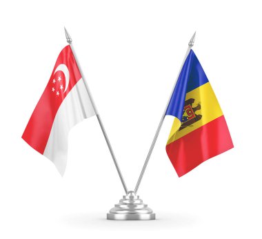 Moldova ve Singapur masa bayrakları beyaz 3D görüntüleme üzerinde izole edildi