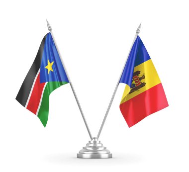 Moldova ve Güney Sudan masa bayrakları beyaz 3D görüntüleme üzerinde izole edildi