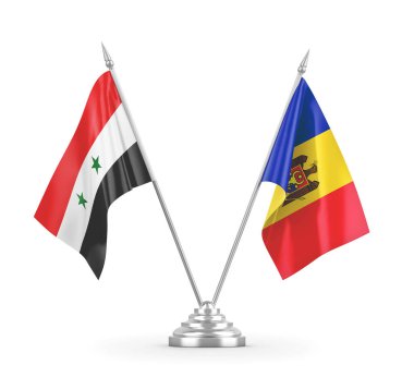 Moldova ve Suriye masa bayrakları beyaz 3D görüntüleme üzerinde izole edildi