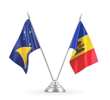 Moldova ve Tokelau masa bayrakları beyaz 3D görüntüleme üzerinde izole edildi